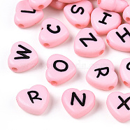 Horizontal Hole Opaque Acrylic Beads, Heart with Random Letters, Pink, 10.5x11.5x4.5mm, Hole: 2mm(X-SACR-Q126-04D)