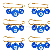 6Pcs Lampwork Evil Eye Safety Pin Brooch, Gold Plated Stainless Steel Sweater Shawl Clips for Women, Dark Blue, 40x60mm(JEWB-NB0001-16)