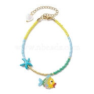 Glass Seed Fish Charm Bracelet with Synthetic Turquoise Starfish, Golden, 7-3/4 inch(19.8cm)(BJEW-MZ00045)