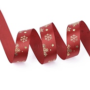 20 Yards Christmas Printed Polyester Satin Ribbon, for Wedding, Gift, Party Decoration, Gold Stamping Snowflake Pattern, FireBrick, 1 inch(25mm), about 20.00 Yards(18.29m)/Roll(SRIB-P021-A02)