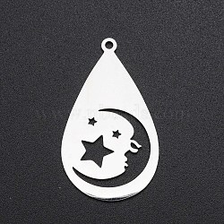 201 Stainless Steel Pendants, Laser Cut, Teardrop with Moon & Star, Stainless Steel Color, 38x22x1mm, Hole: 1.8mm(STAS-S105-LA216)