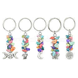 Alloy Keychain, with Synthetic Turquoise Beads and Iron Keychain Ring, Butterfly/Tortoise/Tree of Life/Moon, Mixed Color, 7.2~8cm(KEYC-JKC00506)