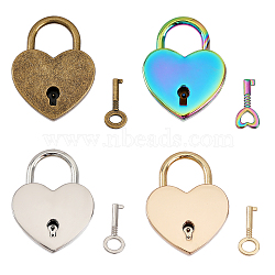 4 Sets 4 Colors Heart Shape Alloy Lock & Key Set, for Cabinet Drawer, Suitcase, Handbag, Mixed Color, Lock: 39.5x30.5x7.5mm, Key: 26.5x11.5x3.3mm1 set/color(AJEW-FG0002-39)