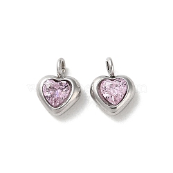 304 Stainless Steel Micro Pave Cubic Zirconia Pendants, Heart Charms, Pink, 7x5x2.5mm, Hole: 1.5mm(STAS-L022-396A-P)