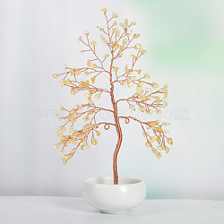 Undyed Natural Citrine Chips Tree of Life Display Decorations, with Porcelain Bowls, Copper Wire Wrapped Feng Shui Ornament for Fortune, 145x205mm(TREE-PW0001-23B)
