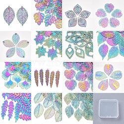 30Pcs 15 Style Ion Plating(IP) 201 Stainless Steel Filigree Big Pendants, Etched Metal Embellishments, Leaf, Rainbow Color, 5.5~63x9~36x0.2~0.3mm, hole: 1.2~1.8mm, 2pcs/style(STAS-SZ0002-17)