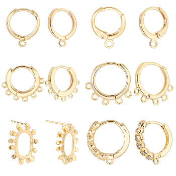 Elite 10Pcs 2 Style Brass Huggie Hoop Earring with 2Pcs Ring Stud Earring Findings, with Loop, Real 18K Gold Plated, 14~18x11.5~20x2~3mm, Hole: 2mm, Pin: 0.8mm, 2Pcs/style