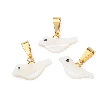 Natural Trochid Shell/Trochus Shell Pendants, Bird Charms with Stainless Steel Snap on Bails, White, Golden, 8x15x3mm, Hole: 6x3mm