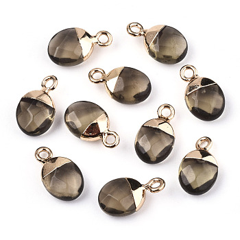 Faceted Glass Charms, with Light Gold Plated Iron Loop, Oval, Coffee, 14~15x8x5mm, Hole: 1.8mm