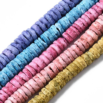 Natural Sea Shell Beads Strands, Dyed, Flat Round/Disc, Heishi Beads, Mixed Color, 5~7x1.5~2.5mm, Hole: 0.9mm, about 329~348pcs/strand, 22.32 inch~22.83 inch(56.7~58cm)