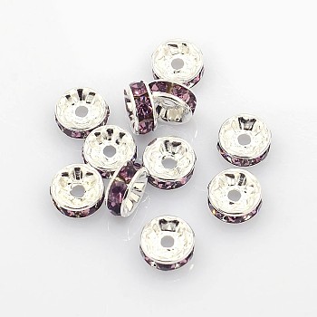 Brass Grade A Rhinestone Spacer Beads, Silver Color Plated, Nickel Free, Light Amethyst, 8x3.8mm, Hole: 1.5mm