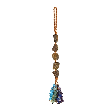 Nuggets Natural Tiger Eye Pendant Decorations, Braided Nylon Thread and Gemstone Chip Tassel Hanging Ornaments, 185~190mm