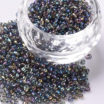 12/0 Round Glass Seed Beads, Transparent Colours Rainbow, Round Hole, Dark Gray, 12/0, 2mm, Hole: 1mm, about 3333pcs/50g, 50g/bag, 18bags/2pounds