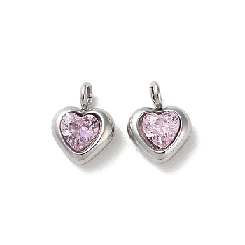 304 Stainless Steel Micro Pave Cubic Zirconia Pendants, Heart Charms, Pink, 7x5x2.5mm, Hole: 1.5mm