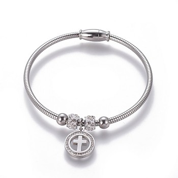 304 Stainless Steel Charms Bangles, with Polymer Clay Rhinestone and Magnetic Clasps, Flat Round with Cross, Stainless Steel Color, 2-1/8 inchx2 inch(5.55x5.15cm)