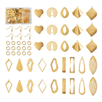DIY Geometry Earring Making Kit, Including Rhombus & Teardrop & Lightning & Leaf & Heart Brass Pendants & Earring Hook & Jump Rings, Golden, 146Pcs/box