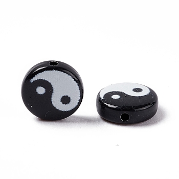 Opaque Acrylic Beads, Flat Round with Yin Yang Pattern, Black, 10x5mm, Hole: 1.8mm