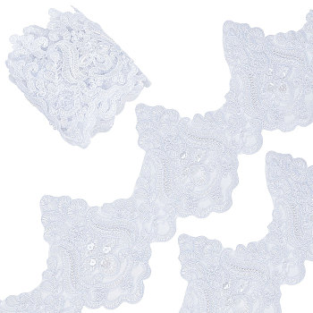 Polyester Lace Trim, Embroidery Flower Lace Ribbon with Plastic Imitation Pearl Beads, for Garment Accessories, White, 5~5-1/8 inch(128~130mm), about 3 yards/roll