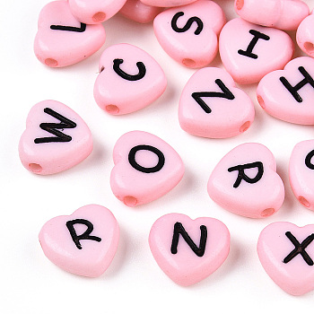 Horizontal Hole Opaque Acrylic Beads, Heart with Random Letters, Pink, 10.5x11.5x4.5mm, Hole: 2mm
