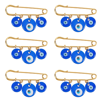 6Pcs Lampwork Evil Eye Safety Pin Brooch, Gold Plated Stainless Steel Sweater Shawl Clips for Women, Dark Blue, 40x60mm