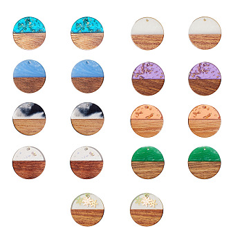 Opaque Resin & Transparent Resin & Walnut Wood Pendants, Mixed Style, Flat Round, Mixed Color, 28x3mm, Hole: 2mm, 9 colors, 2pcs/color, 18pcs/set