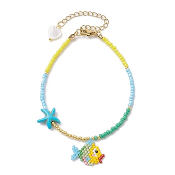 Glass Seed Fish Charm Bracelet with Synthetic Turquoise Starfish, Golden, 7-3/4 inch(19.8cm)