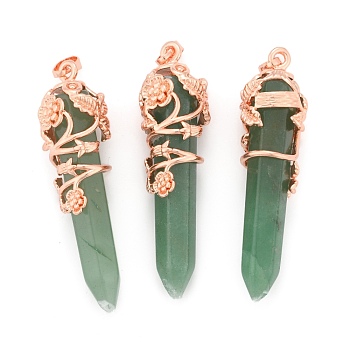 Natural Green Aventurine Pointed Pendants, with Brass Findings, Bullet, Rose Gold, 57~60x16mm, Hole: 8x5mm
