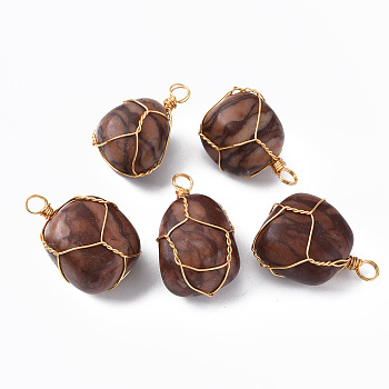 Natural Leopard Skin Jasper Pendants, with Golden Plated Brass Wire Wrapped, Nuggets, 14~25x15~32x13~21mm, Hole: 4mm