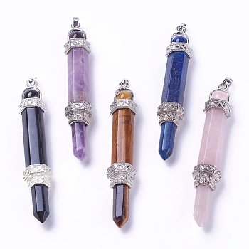 Natural Mixed Gemstone Pendants, with Brass Findings, Hexagonal Prisms, Platinum, 84.5~85x14x13mm, Hole: 5x8mm