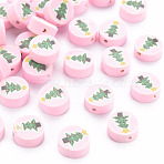 Handmade Polymer Clay Beads, Flat Round with Christmas Tree, Pink, 10x4mm, Hole: 1.6mm(CLAY-N011-005)