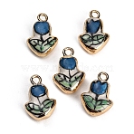 Handmade Porcelain with Brass Pendants, Tulip Charms, Hand Painted, Famille Rose Porcelain, Golden, Blue, 21.5~22x14.5~15.5x7~8mm, Hole: 2.5mm(PR-CBAB520-06A)