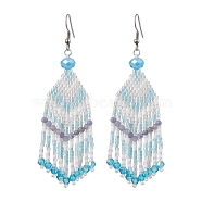 Glass Seed Beaded Tassel Dangle Earrings for Women, Arrow Pattern, Stainless Steel Color, Sky Blue, 90.5x27mm(EJEW-MZ00202)