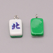 Resin Pendants, with Iron Finding, Imitation Mahjong Tiles, Green, Rectangle, Blue, 19.5~20.5x11.5x7~7.5mm, Hole: 2mm(RESI-WH0025-08)