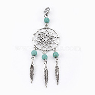 Dyed Synthetic Turquoise Big Pendants, with Tibetan Style Alloy Findings and 304 Stainless Steel Lobster Claw Clasps, Woven Net/Web with Feather, Antique Silver & Stainless Steel Color, Deep Sky Blue, 90mm, Pendant: 80x29x6mm(HJEW-JM00343-02)