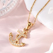 304 Stainless Steel Crystal Rhinestone Anchor Pendant Necklaces, Golden, 17.64 inch(44.8cm)(NJEW-Z057-01A-G)