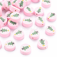 Handmade Polymer Clay Beads, Flat Round with Christmas Tree, Pink, 10x4mm, Hole: 1.6mm(CLAY-N011-005)