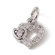 Brass Micro Pave Clear Cubic Zirconia Charms, with Open Jump Rings, Heart with Bear, Platinum, 8x8x2mm, Hole: 2.7mm(ZIRC-F132-97P)