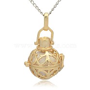Golden Tone Brass Hollow Round Cage Pendants, with No Hole Spray Painted Brass Round Beads, White, 33x24x21mm, Hole: 3x8mm(KK-J235-09G)