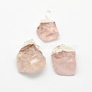 Natural Bezel Raw Rough Gemstone Rose Quartz Pendants, with Silver Color Plated Brass Findings, Irregular Nuggets, 25~55x21~40x10~35mm, Hole: 8x4mm(G-M040-M09)