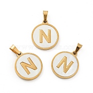 Vacuum Plating 304 Stainless Steel with White Shell Pendants, Golden, Flat Round with Letter Charm, Letter.N, 18x16x1.5mm, Hole: 3x6mm(STAS-G268-01N-G)