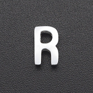 201 Stainless Steel Charms, for Simple Necklaces Making, Laser Cut, Letter, Stainless Steel Color, Letter.R, 8x4.5x3mm, Hole: 1.8mm(STAS-R109-JA433-R-1)
