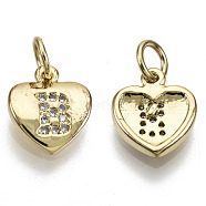 Brass Micro Pave Clear Cubic Zirconia Charms, with Jump Ring, Heart with Letter, Real 16K Gold Plated, Nickel Free, Letter.B, 10x9x2mm, Jump Ring: 5x1mm, 3mm inner diameter(KK-N227-34B-NF)