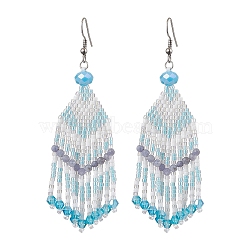 Glass Seed Beaded Tassel Dangle Earrings for Women, Arrow Pattern, Stainless Steel Color, Sky Blue, 90.5x27mm(EJEW-MZ00202)