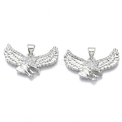 Brass Micro Pave Cubic Zirconia Pendants, Nickel Free, Eagle, Clear, Real Platinum Plated, 17x27x3mm, Hole: 4x3mm(ZIRC-S061-191P-NF)