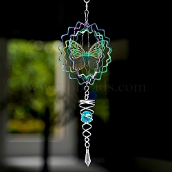 Metal 3D Wind Spinner, with Glass Beads, for Outdoor Courtyard Garden Hanging Decoration, Rainbow Color, Butterfly, 150mm(PW-WG31340-05)