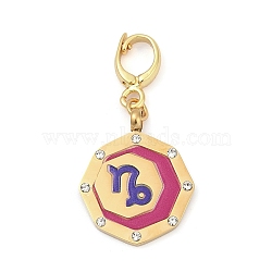 304 Stainless Steel Enamel Pendant Decoration, with Clear Cubic Zirconia, Octagon with Constellations, Golden, Capricorn, 35.5mm(STAS-S168-01G-10)