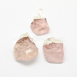 Natural Bezel Raw Rough Gemstone Rose Quartz Pendants, with Silver Color Plated Brass Findings, Irregular Nuggets, 25~55x21~40x10~35mm, Hole: 8x4mm(G-M040-M09)
