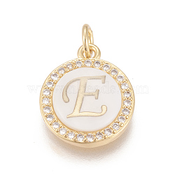 Brass Micro Pave Cubic Zirconia Pendants, with Shell, Long-Lasting Plated, Lead Free & Cadmium Free & Nickel Free, Real 18K Gold Plated, Flat Round with Letter, Clear, Letter.E, 16x13.5x3mm, Hole: 3mm(ZIRC-L078-043E-NR)