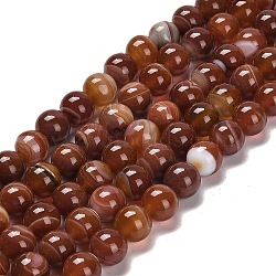 Natural Striped Agate/Banded Agate Beads Strands, Round, Dyed & Heated, Brown, 10~10.5mm, Hole: 1.2mm, about 38pcs/strand, 15.28''(38.8cm)(G-B079-A05-03B)