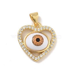 Brass Micro Pave Cubic Zirconia Pendants, with Acrylic, Cadmium Free & Lead Free, Long-Lasting Plated, Heart with Evil Eye, Real 18K Gold Plated, Saddle Brown, 17.5x17x5mm, Hole: 4x3.5mm(KK-B059-43G-D)